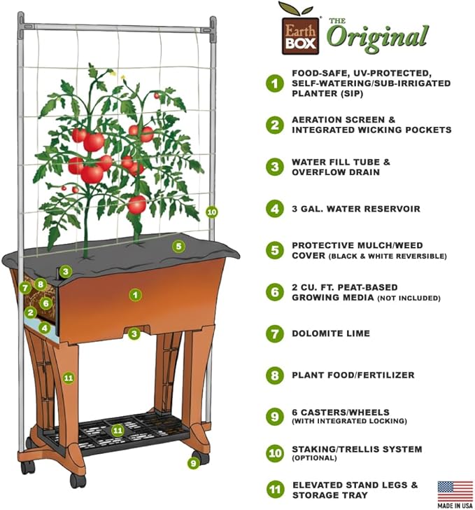 EarthBox Raised Garden Bed with Legs – Elevated Self Watering Planter Box with Wheels, Storage Shelf, Premium Plant Food, Easy Assembly, Made in USA, Gray