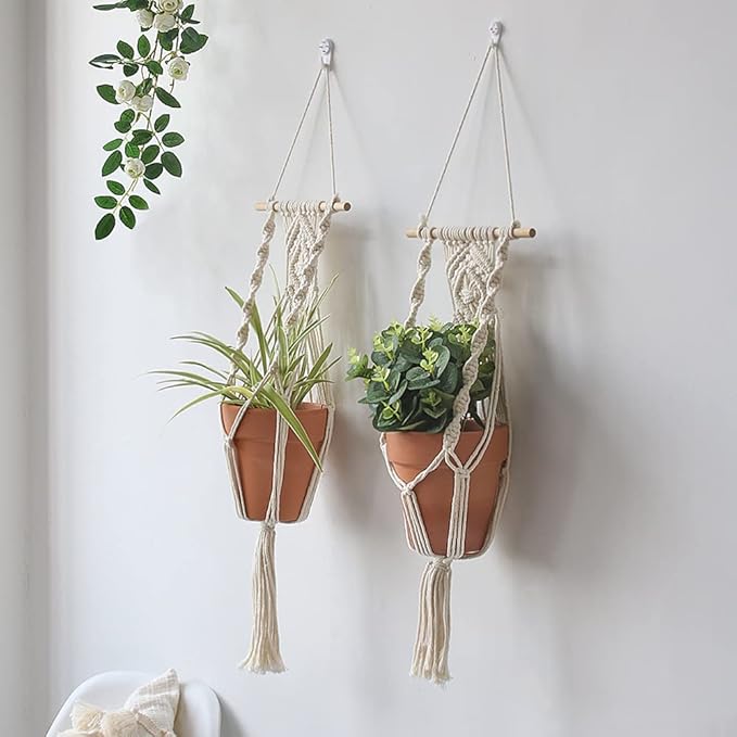 Artilady Boho Macrame Plant Hangers - Handmade Hemp Rope Hanging Baskets for Plants with Ceiling Hooks, Bohemian Home Decor Wall Art (White Wood Hanger)