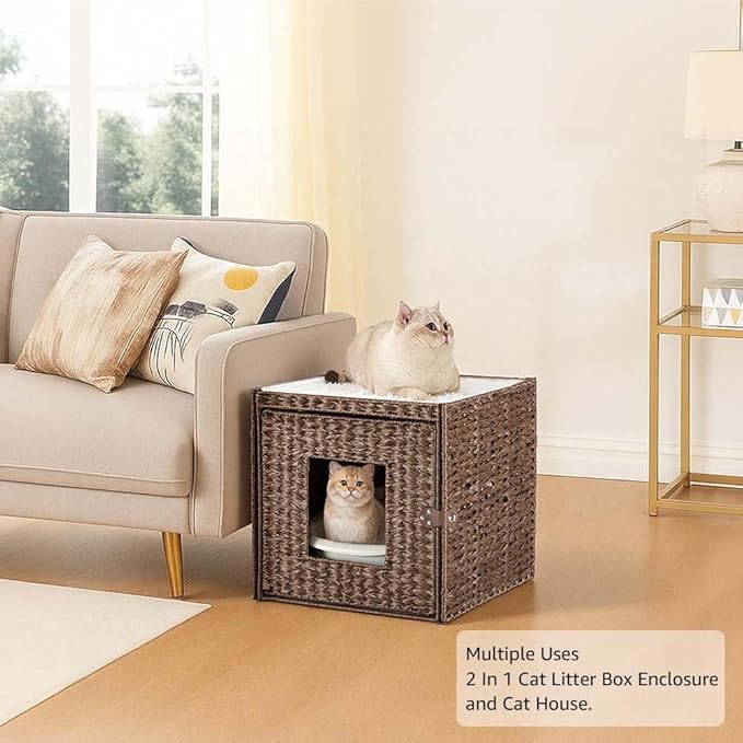 unipaws Cat Litter Box Enclosure with Faux Plant and Litter Mat, Hidden Handwoven Rattan Planter Cat House Furniture, DIY Decoration on Square Top by Yourself, for Living Room, Bedroom, Corner