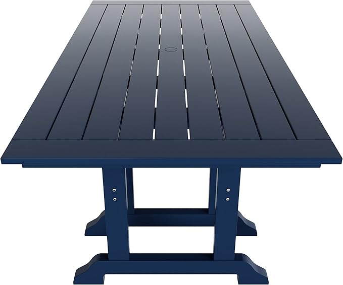 WestinTrends Malibu 6 Piece Adirondack Patio Dining Set with Bench, All Weather Poly Lumber Outdoor Table and Chairs, 71" Trestle Dining Table, 4 Adirondack Chair with Dining Bench, Navy Blue