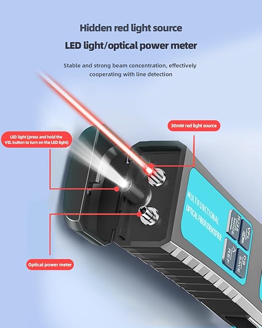 Buacoz Fiber Optic Identifier with Optical Power Meter Red Light Source, 5-in-1 All-in-One Tester for Single-Mode Multi-Mode, Fiber Direction Detector with Clamp, Battery-Powered -50-26dBm