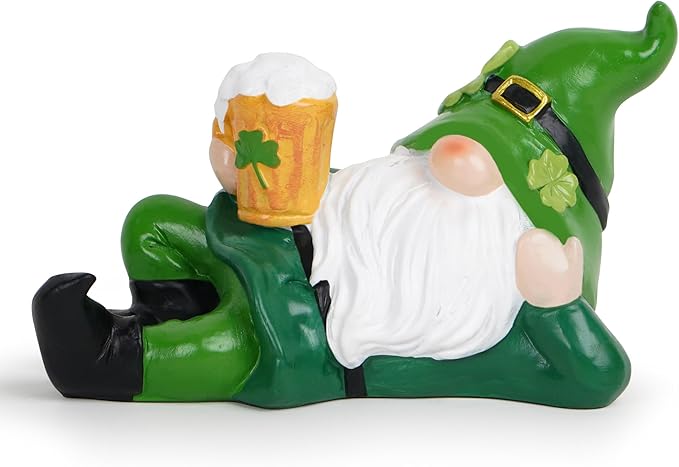 Hodao St. Patrick’s Day Gnome — Hand-Painted Resin Lounging Leprechaun with Beer Mug & Shamrock | Lucky Green Home, Bar & Party Decor, Fun Gift