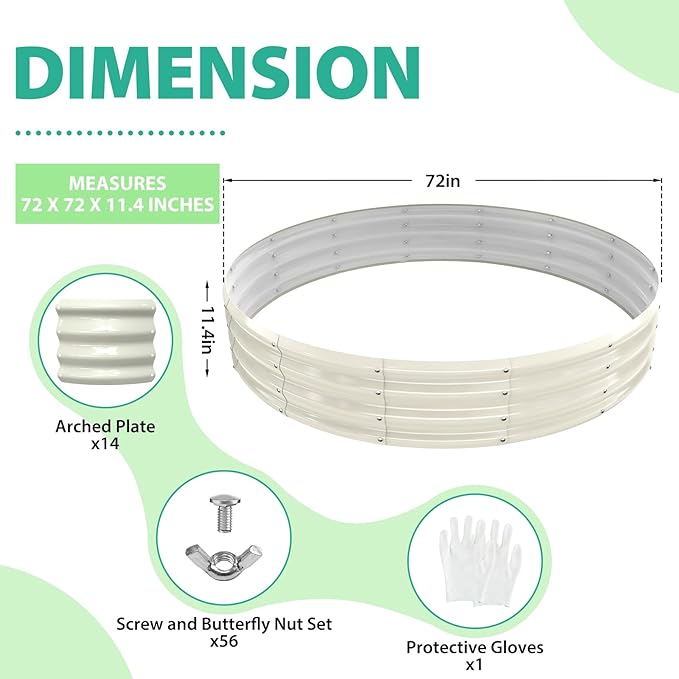 6FT Diameter Galvanized Garden Raised Bed/Plant Box/Fire Pit Ring-0.8mm Thick,12 Inch Tall,Crimped Edge and Corner,No Sharpe,Perfect for Plantings (Cream White, 72 Dia X 12 inches)