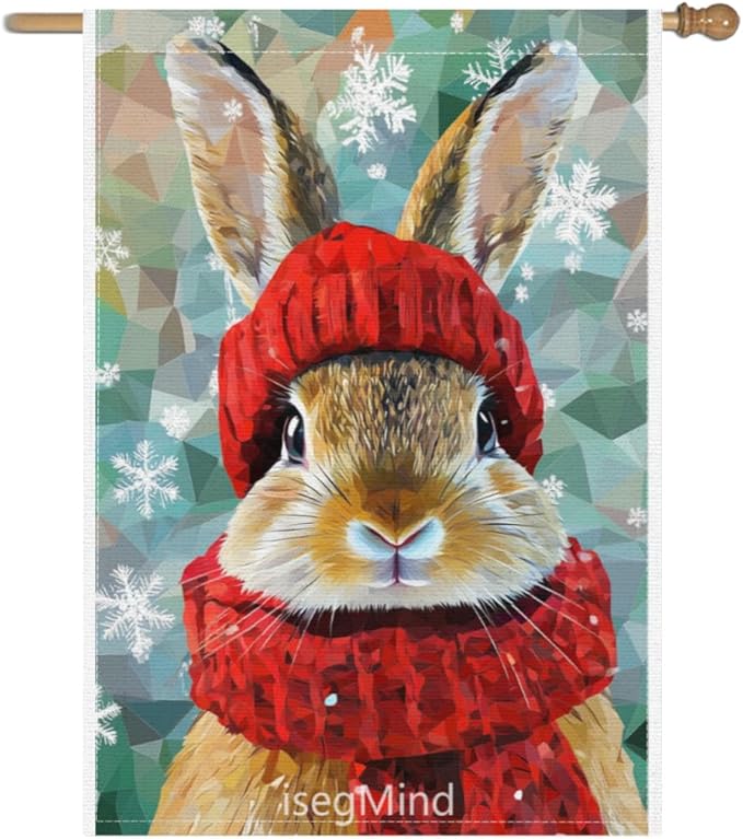 Rabbit with Red Scarf and Hat Snowflake Christmas Garden Flag, 28x40 Inch Double Sided Linen Holiday Red Winter Farmhouse Yard Outdoor Decoration (4337)
