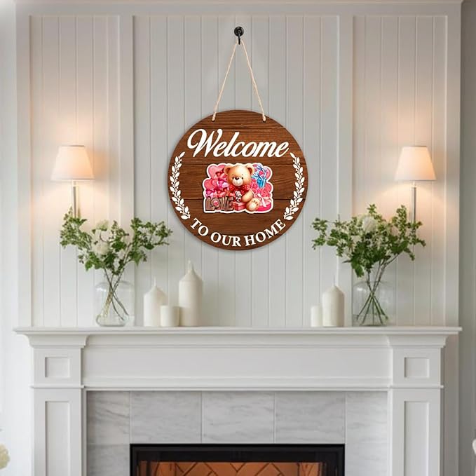 Interchangeable Seasonal Welcome Sign Valentine's Day Door Decoration, Rustic Round Wood Wreath Front Porch Decor, Welcome to Our Home Sign for Spring Summer Fall Winter All Seasons Holiday, Brown