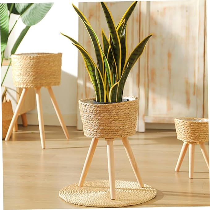 Rattan Planter with Legs Wicker Basket Plant Stand Indoor Outdoor Flower Pot Holder for Balcony Home Decor 9.05X7.08X7.08 Inches