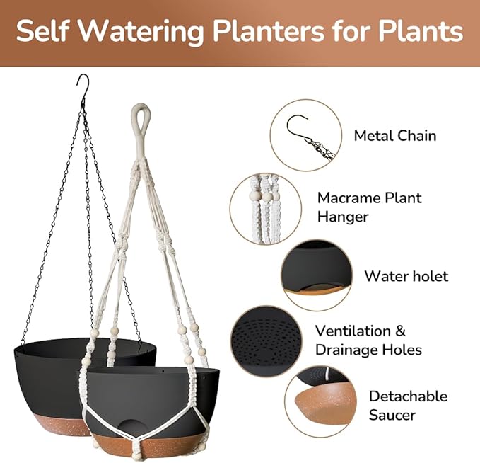 LESOASIS 12 Inch Hanging Baskets for Plants Outdoor, Hanging Planters for Indoor Outdoor Plants, Hanging Planter with Self Watering, Hanging Flower Pots (Black Planter with Macrame + Iron Hangers)