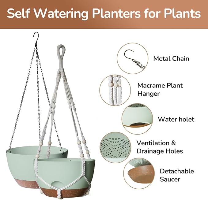 LESOASIS 12 Inch Hanging Baskets for Plants Outdoor, Hanging Planters for Indoor Outdoor Plants, Hanging Planter with Self Watering, Hanging Flower Pots (Green Planter with Macrame + Iron Hangers)