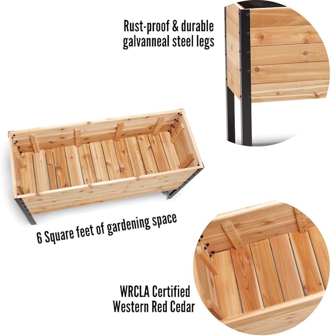 EARTH ELEVATED 100% Canadian Cedar Wood Elevated Garden Bed for Gardening - Planter Pot to Grow Herbs Flowers, and Vegetables at Home Indoor and Outdoor Patio Balcony Deck - 18” x 48” x 30”