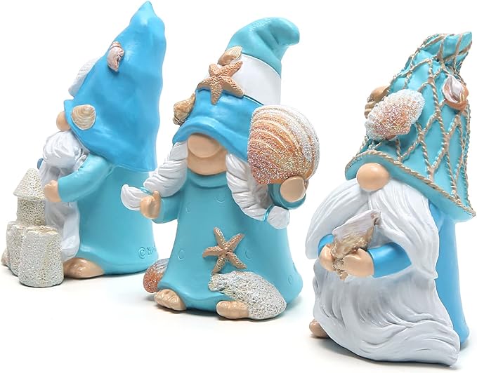 Hodao 3PCS Summer Gnomes Decoration Handmade Star Shell Gnomes Figurines for Home, Beach House Decor, Nisse Scandinavian, Summer Elves Decor for Table, Shelf, Living Room