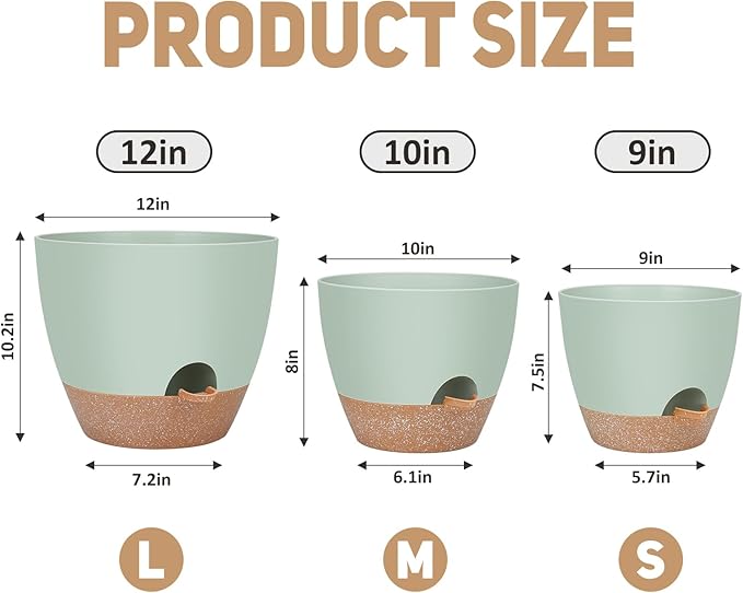 YNNICO 12" 10" 9" Large Self Watering Plant Pots, 3 Pack Flower Pots Planters with Multi Mesh Drainage Holes for Indoor Outdoor Garden Plants and Flowers.