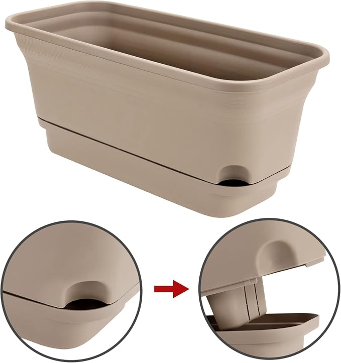 Set of 4 Flower Window Box Plastic Vegetable Planters with Drainage Hole Saucer, 15" Rectangle Self Watering Flowerpot, Garden Plant Decorative Pots for Windowsill, Indoor Succulents, Brown