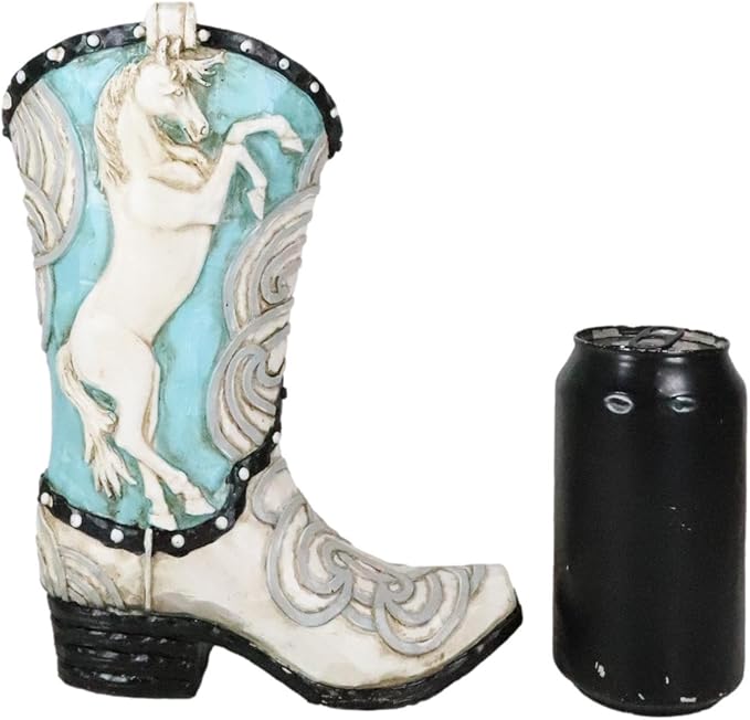 Ebros Gift Rustic Western Colorful Faux Tooled Leather Aqua Blue and White Prancing Horse Cowboy Cowgirl Boot Decorative Figurine Or Floral Vase Planter Table Shelf Countertop Accent