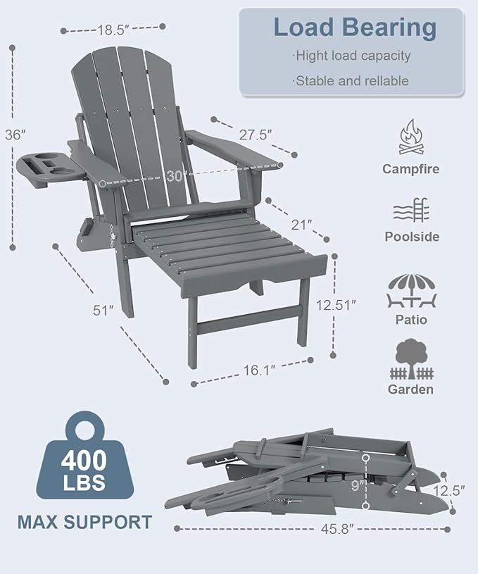 Adjustable Adirondack Chair with Retractable Ottoman Set of 6, HDPE Folding Adirondack Chair with Cup Holder, All Weather Fire Pit Chair for Outdoor.