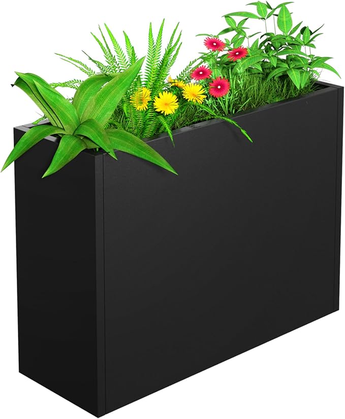 POOAMY Metal Planter, 38L x 10W x 30H, Heavy Duty Tall Planters for Outdoor Plants, Black Planters with Removable Insert Shelf, Large Planters with Drainage Holes for Porch, Patio and Yard, Black
