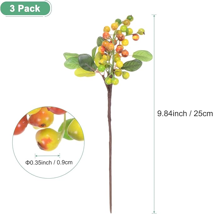 3-Pack Artificial Berry, 9.8 Inch Faux Holly Berry Foam Faux Frosted Berries with Stems for Home/Wedding/Christmas/DIY/Party/Garden/Office [Yellow]