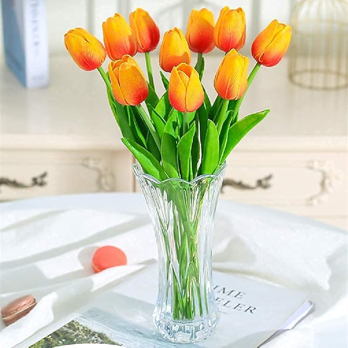 Kisflower 30Pcs Latex Tulips Real Touch Red and Yellow Artificial Flowers Fake Tulips Arrangement Bouquet for Home Office Wedding Decor (Red and Yellow)