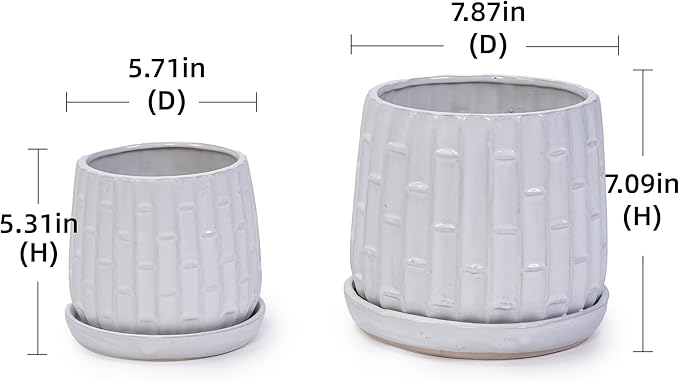 Ceramic Plant Pots, 7 + 5 Inch, Set of 2 Flower Pots with Drain Hole and Saucers, Bamboo Pattern Planter for Plants Orchids Succulents Indoor/Outdoor, Plant Gifts - White