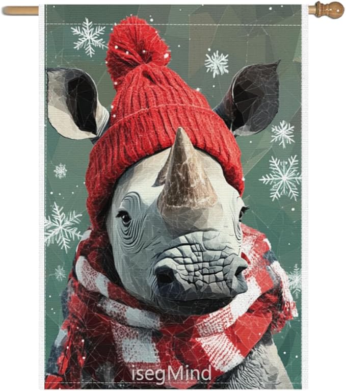 Rhino with Red Scarf and Hat Snowflake Christmas Garden Flag, 28x40 Inch Double Sided Linen Holiday Red Winter Farmhouse Yard Outdoor Decoration (4338)