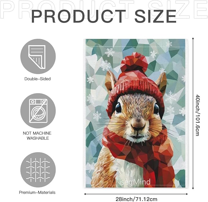 Squirrel with Red Scarf and Hat Snowflake Christmas Garden Flag, 28x40 Inch Double Sided Linen Holiday Red Winter Farmhouse Yard Outdoor Decoration (4320)