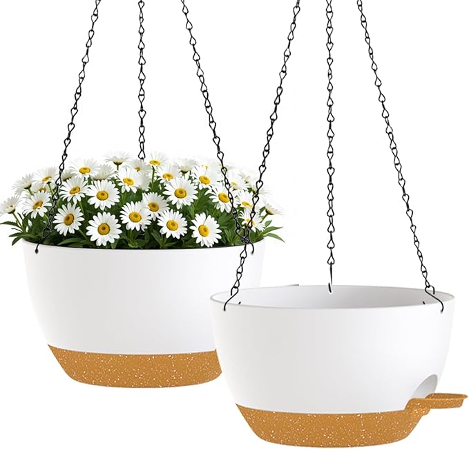 zople 10 Inch Hanging Planters with Chains 2 Pack Self Watering White Brown Plastic Hanging Pots for Indoor Outdoor Plants, Garden Porch Home Decor (White Brown)