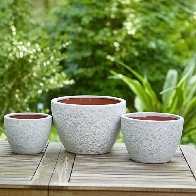 Pottery Clay Planter Pots Set - Planters for Versatile Plant Styling, Indoor & Outdoor Patio and Garden Display, Textured Home Decor Design for Modern Outdoor and Calm Interiors – 10" 7" 6", White
