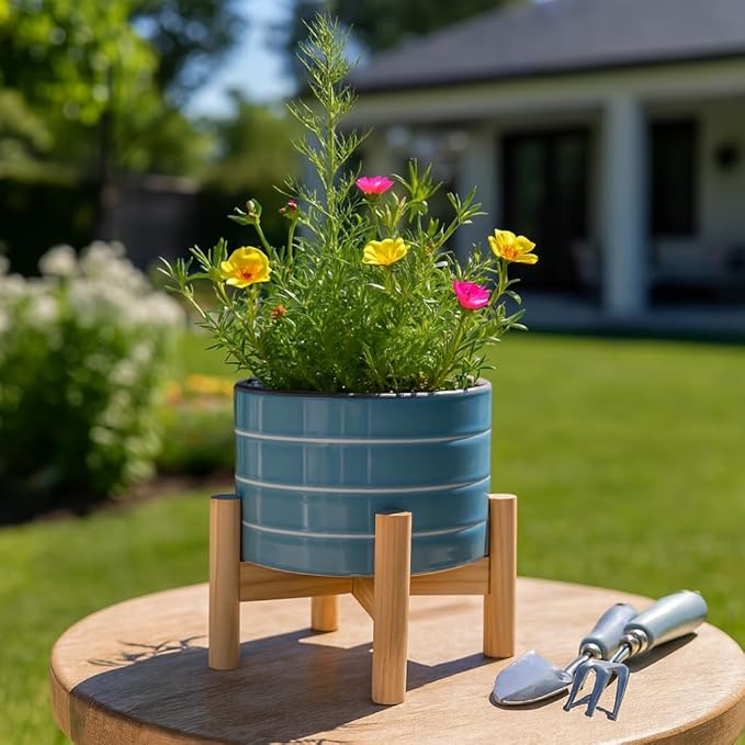 Ceramic Planter Pot – Modern Plant Holder with White Stripes and Wooden Base, Indoor Outdoor Decorative Pot for Living Room, Entryway, Bedroom or Patio – Stylish Home Décor Accent – 6", Blue