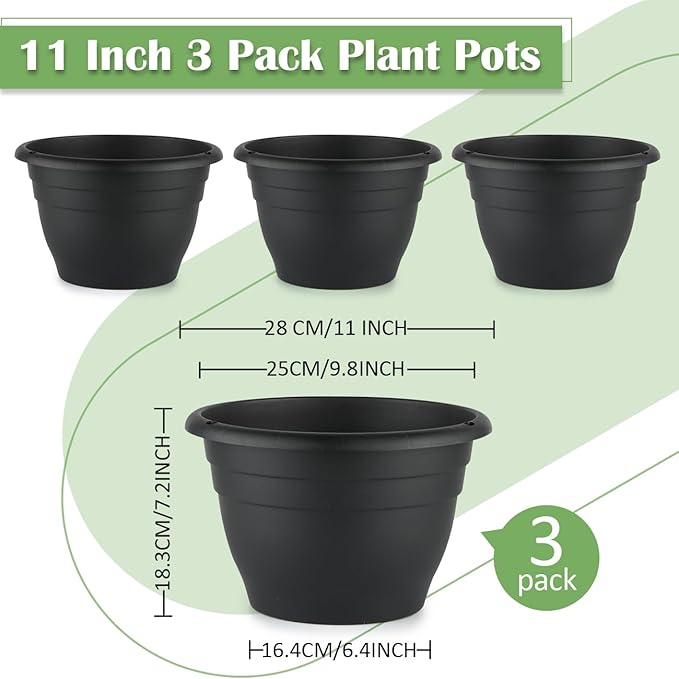 RooTrimmer Plant Pots Indoor with Drainage, 3 Pack 11 Inch Plastic Pots for Plants（10 inch Inner Diameter）, Durable Plastic Flower Pots, Planters for Indoor Ourdoor Plants, Black