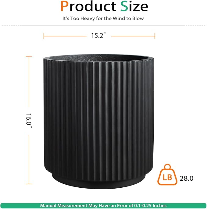 Heyzier Round Concrete Planter Outdoor Indoor, Large Cement Plant Pots for Flowers (Vertical Black, 16 inch)
