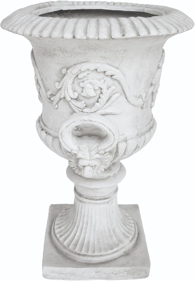 Merax 28-inch MGO Roman Garden Urn Planter, Lightweight Concrete Indoor Outdoor Flower Pot with Drainage Hole & Stopper, Stone-Look Planter for Plants, Flowers, Succulents, and Herbs, Antique White