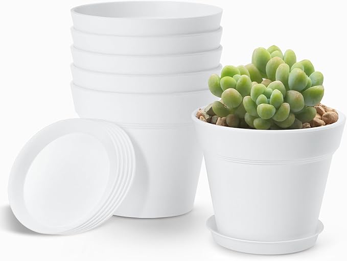 FHWTY 4 Inch Plastic Plant Pots 6 Pack, Small Flower Pots with Drainage Holes and Tray, Thickened Indoor Planters Seedlings Nursery Pots, African Violet, Succulent and All House Plants, White