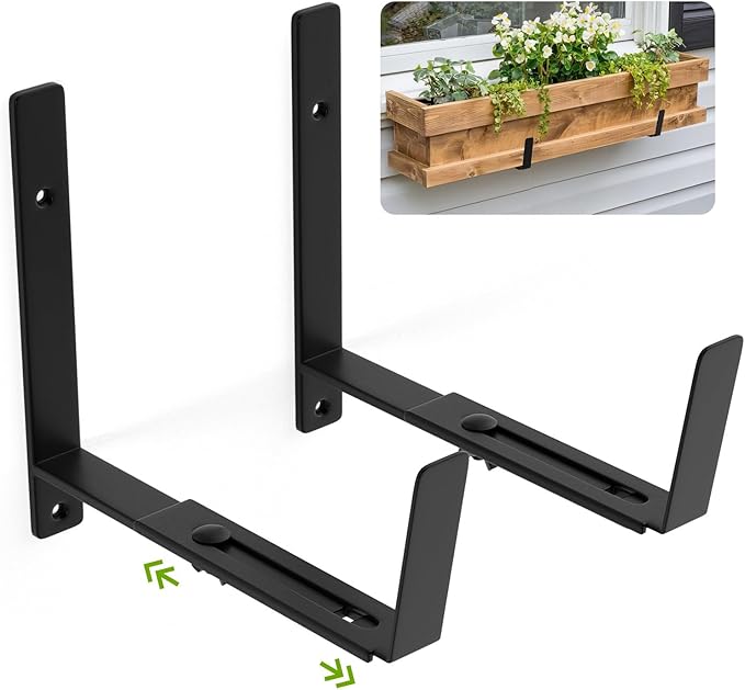 Adjustable Window Box Brackets, 6 to 12 inch Heavy Duty Window Planter Box Brackets, Wall Mount Flower Box Holder, 2 Pack