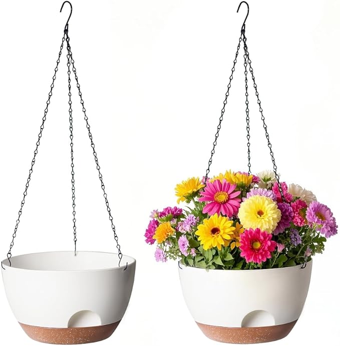 LESOASIS Hanging Planter, 12 Inch Self-Watering Hanging Planters for Indoor Outdoor Plants, Hanging Basket for Plants Flowers Outdoor (White)