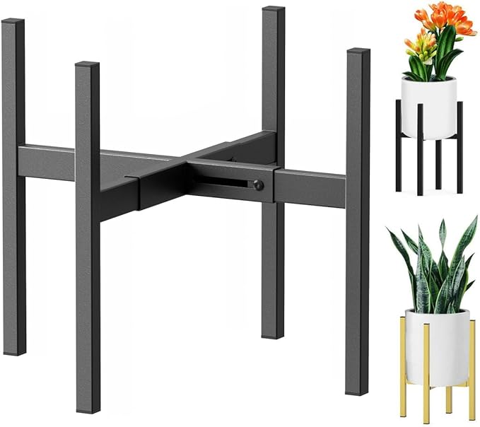 BSTMAI Metal Plant Stand, Adjustable Size Fits 10 12 13 14 15 16 Inches Large Planter Pot,Mid Century Expandable Plant Holder Indoor Outdoor Corner (HeavyBlack, Fits all pots between 8" and 16")