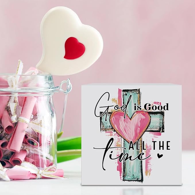 Valentines Day Decorations, Valentines Day Gifts for Her Him, Gift for Boyfriend Girlfriend, Romantic Watercolor Cross Anniversary Christian Wooden Box Sign Husband Wife Home Office Desk Decor