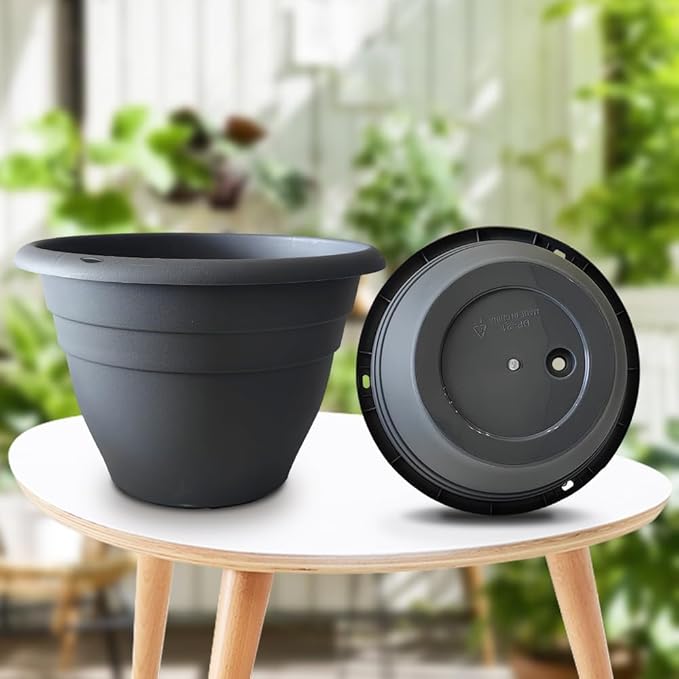 RooTrimmer Plant Pots Set of 5,10 Inch Plastic Planters with Drainage Holes,Durable Indoor & Outdoor Flower Pots for Garden,Home & Patio,Gray