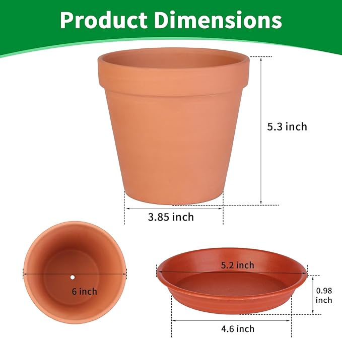 Tuqaumu 6 Pack 6 Inch Terracotta & Clay Pots with Saucer for Plants, Large Terra Cotta Plant Pot with Drainage Hole, Flowerpot for Indoor Outdoor Plants, Crafts, Wedding Favor