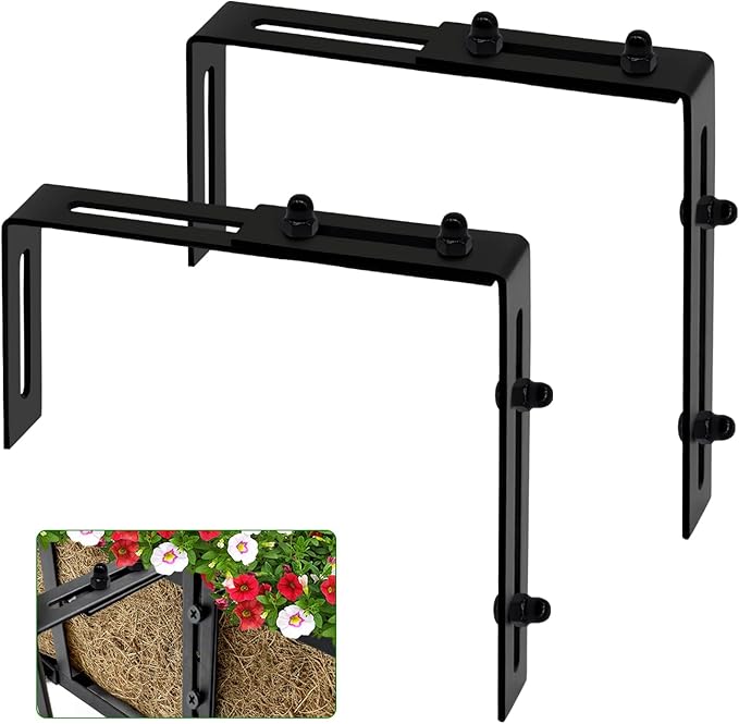 Halatool 2 Pack Window Box Brackets for Railing, Adjustable Heavy Duty Iron Window Flower Holder, Outdoor Sturdy Railing Planter Box Brackets for Fences, Balconies, and Gardens