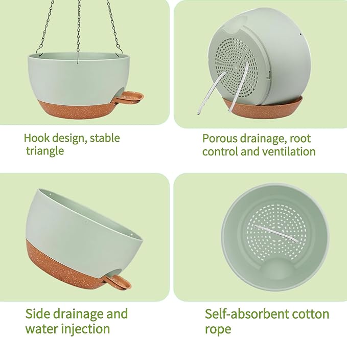 CNLBO 2 Pack Hanging Planters for Indoor Outdoor Plants, 12 Inch Self Watering Hanging Pot with Drainage Holes and Saucer, Plastic Plant Pots, Green Brown Flower Pots for Kitchen, Balcony, Garden