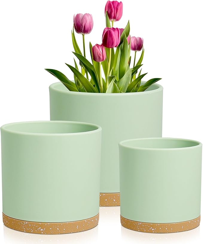 Meowell 8/7/6 inch Plant Pots, 3 Pack Cylinder Flower Pots for Outdoor Indoor Plants, Decorative Plastic Planters with Drainage Holes and Saucers for Garden House Plants, Green with Brown