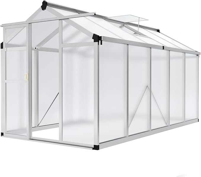 6x10 FT Greenhouse - Large Aluminum Greenhouses for Outdoors, Heavy Duty Polycarbonate Greenhouse with Roof Vent&Ground Nails, Walk-in Green Houses for Garden, Backyard, Patio, Easy Assembly