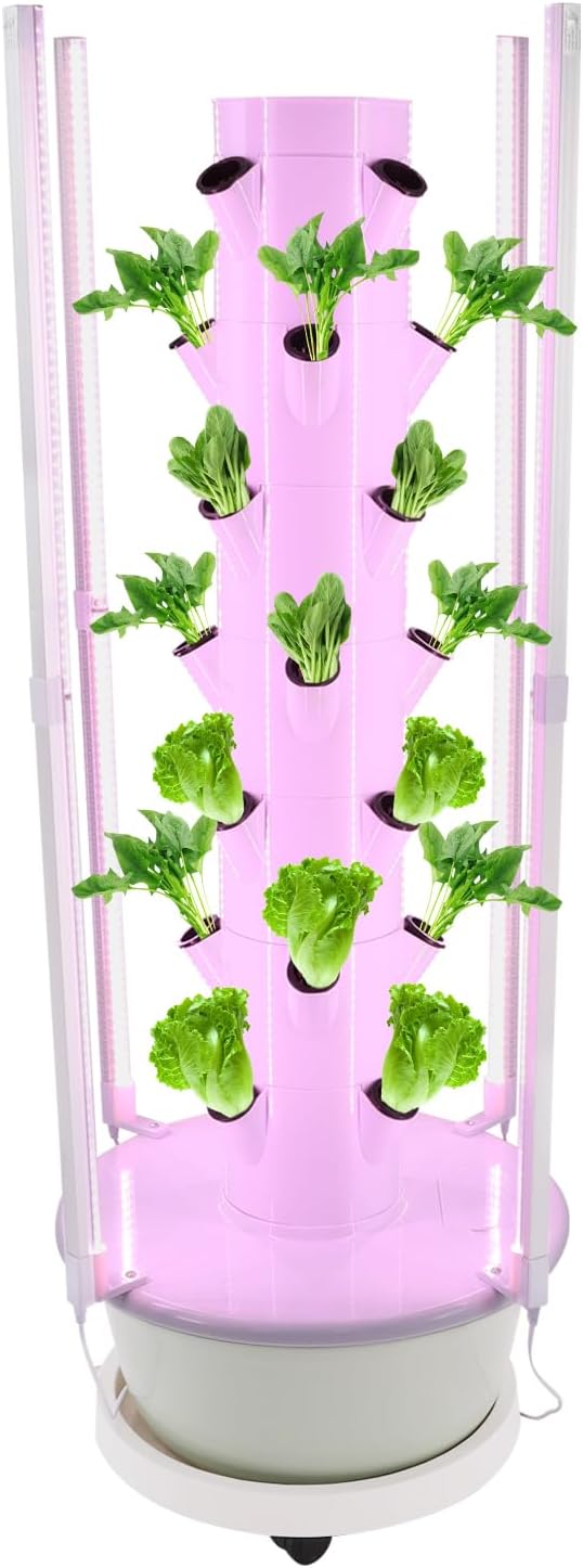 Hydroponic Growing System, 28-Plant Vegetable Planter Tower with LED Light, Outdoor Indoor Garden Vertical Planter Germination Kit with Water Pump, Intelligent Water Circulation & Timer Function