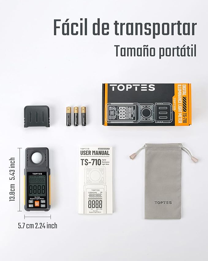 TopTes TS-710 Light Meter, Lux/Foot Candles Meter with 180º Rotating Sensor, 0.1~200,000 Lux Range, Large Backlit Display, Light Meter for Plants, Car Headlights, Home & Office LEDs (Includes Battery)