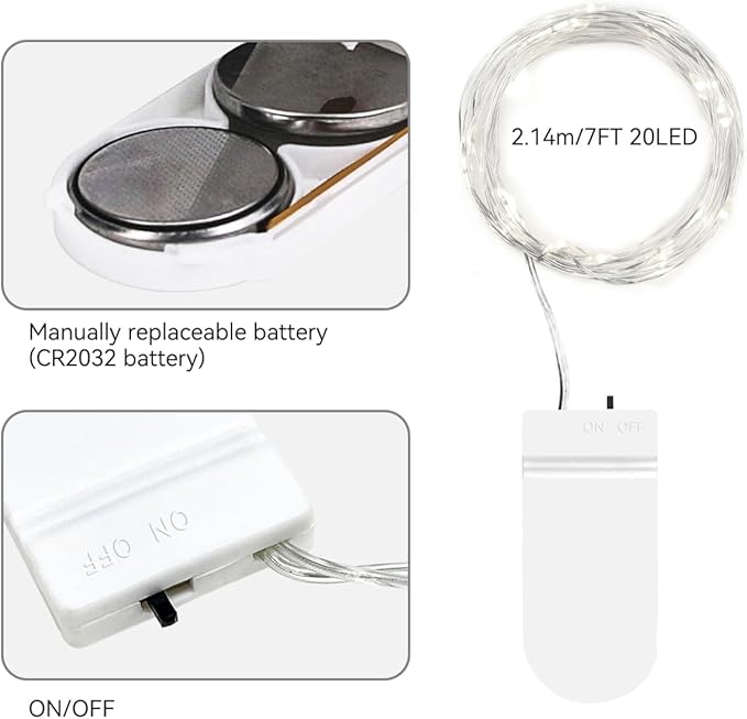 Litogo 7ft 20 LED Fairy Lights, Battery Operated Waterproof Silver Wire, for Mason Jars, DIY Wedding Party, Christmas, Bedroom, Patio, Cool White