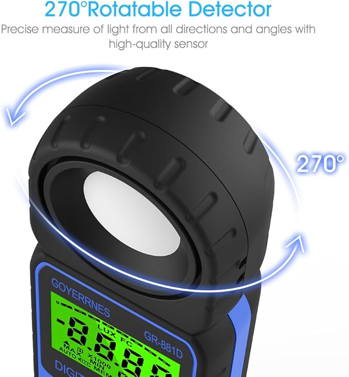 GOYERRNES Illuminance Light Meter, Digital Lux Foot Candles Meter 0.1~400,000 Lux (0.1~40,000 FC) with 270º Rotatable Detector, Lumen Meter Luxmeter for Indoor Outdoor 881D