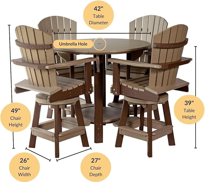 DutchCrafters Recycled Poly Round Balcony Dining Set, Table with 4 Chairs, Bar Height, Swivel Chairs, 5 Piece Patio Furniture Set, Amish Made in USA, Two-Toned Colors (Rustic Nutmeg & Black)