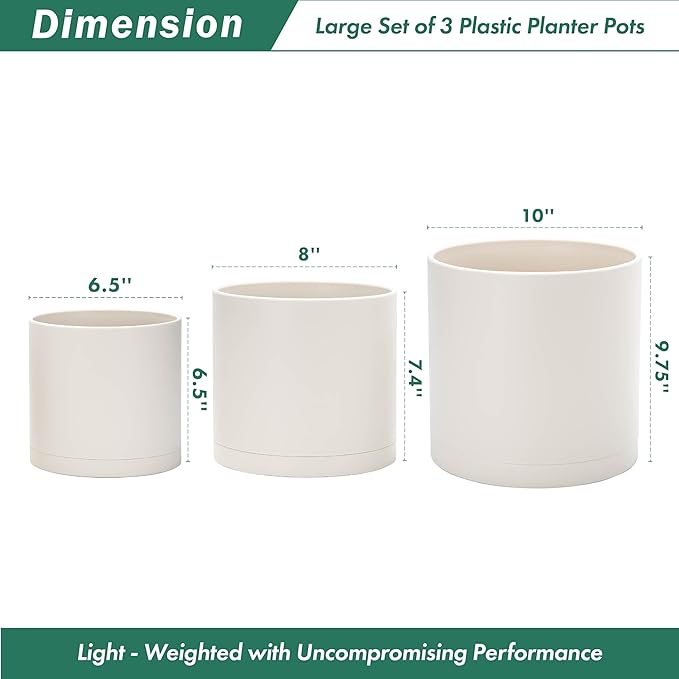 D'vine Dev 6.5 Inch 8 Inch 10 Inch, Set of 3 Plastic Planter Pots for Plants with Drainage Hole and Seamless Saucer, Oatmeal, Large, 74-V-H-4