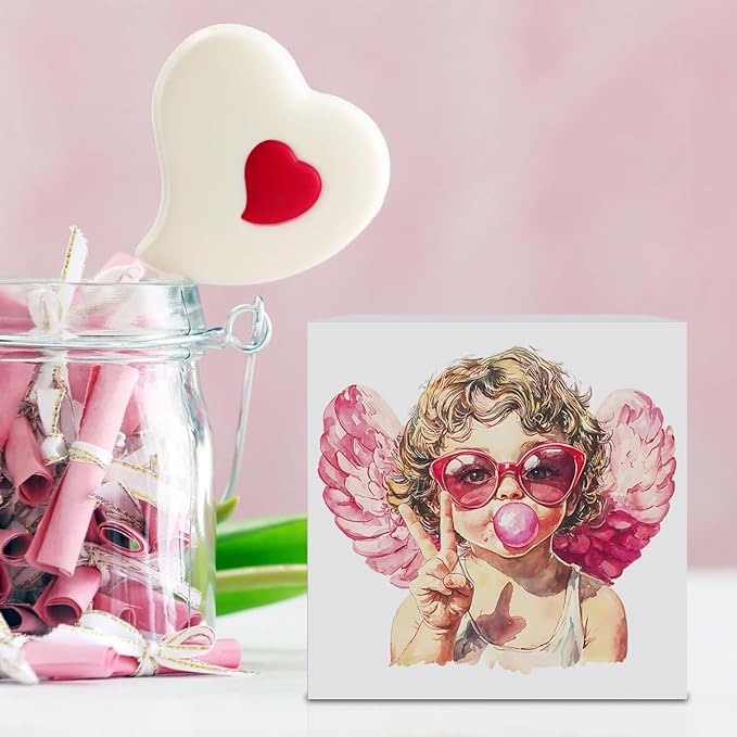Valentines Day Decorations, Valentines Day Gifts for Her Him, Gift for Boyfriend Girlfriend, Pink Rustic Cupid Blowing Bubble Anniversary Wooden Box Sign Husband Wife Home Office Bedroom Desk Decor