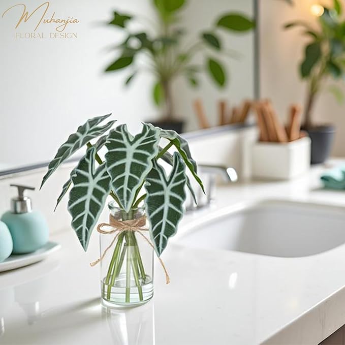 Muhanjia Artificial Flowers Turtle-Back, Alocasia Leaf, in Glass Vase with Faux Water,7Pcs Artificial Leaves Real Touch Latex Leaves for Centerpiece (1, Alocasia Leaf)