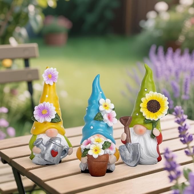 Hodao Spring Decorations for Home - Colorful Garden Gnomes Figurines with Flowers & Tools – Spring Summer Indoor Outdoor Decor for Table, Lawn, Window Sill – Gift for Garden Lovers